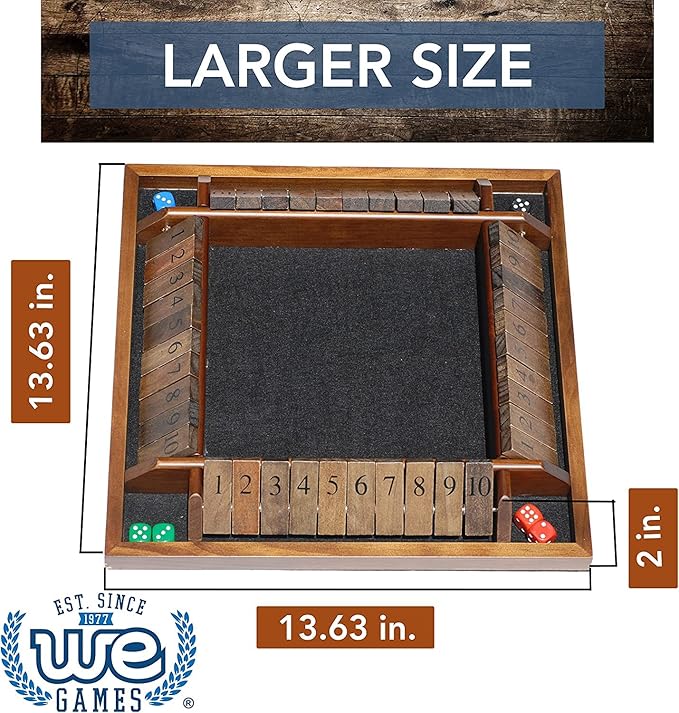 WE Games Shut The Box Board Game - Classic 4 Player Wooden Table Top Dice Game for Family Game Night, Walnut Stained Wood, 14 in., 10 Numbers, Classroom Play or Bar Fun for Adults