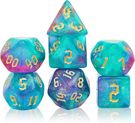 DND Polyhedral Dice Set with a Black Dice Bag for D&D RPG MTG Role Playing Table Games RPG Polyhedral Dice for Dungeon and Dragons Playing Games 7-Die Set (Green&Purple+Nebula Dice)