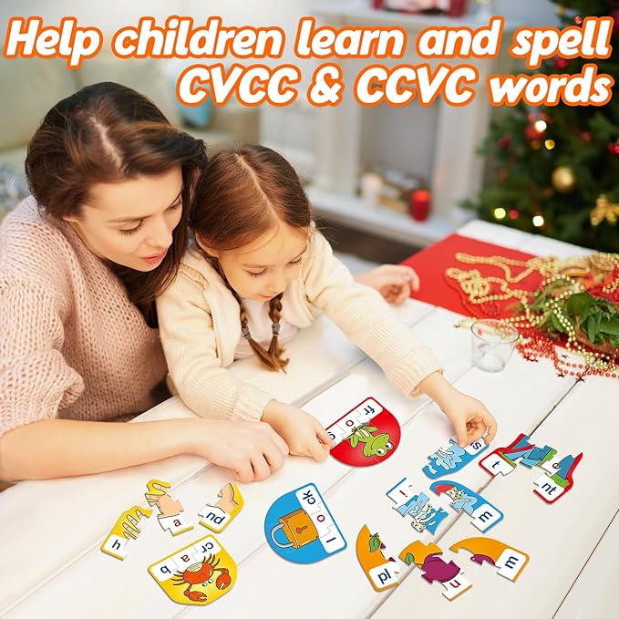 CVCC & CCVC Puzzle Cards for Kids - Word & Phonics Games, Speech Therapy Toys for Toddlers, 4 Alphabet Letter Word Puzzles, Learning Spelling Games