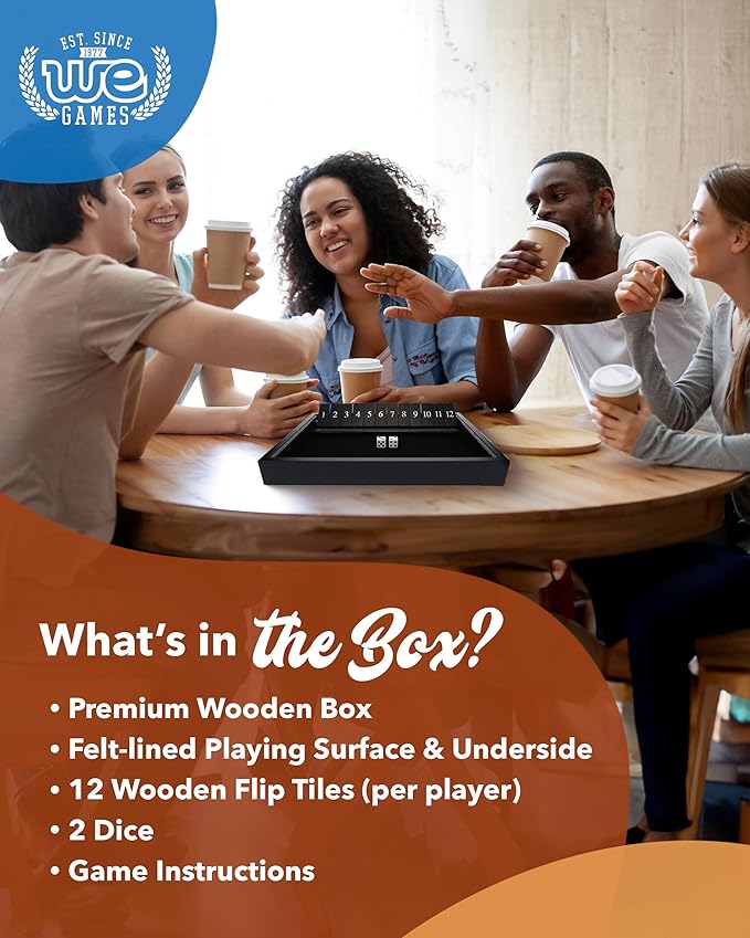 WE Games Wooden Shut The Box - Close The Box Set Pub Game with 12 Number Tiles & 2 Dice Games - 13.5” Black Stained Finish, for Adults