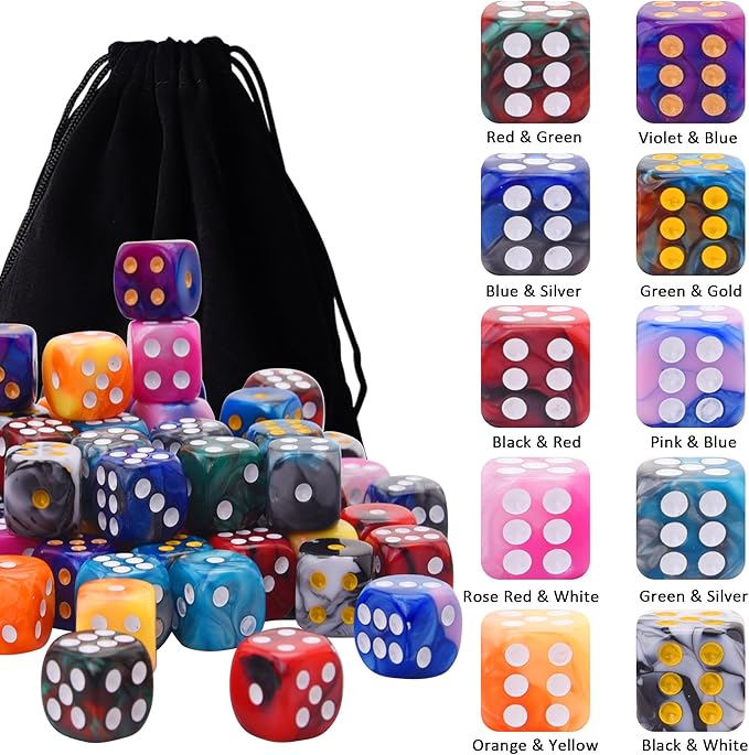 AUSTOR 100 Pieces 12mm Dice 6 Sided Game Dice Two Tone Round Corner Dices Tiny Dice for Tenzi, Farkle, Yahtzee, Bunco or Teaching Math with a Drawstring Storage Bag