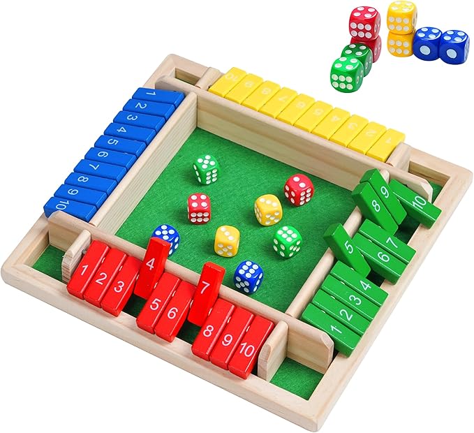 Shut The Box Dice Game - Travel Size 4 Player Classic Wooden Tabletop Entertainment Board Game for Kids & Adults - Fun Family Classroom Home Party or Pub Strategy Games