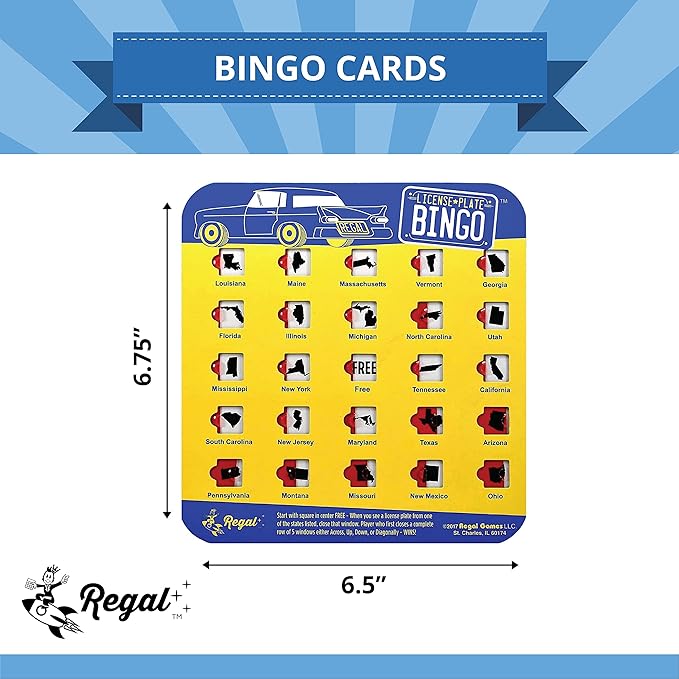 Regal Games Finger-Tip Shutter Bingo Cards with Sliding Windows - License Plate & Travel Bingo Game Set for Adults & Kids - Reusable, No Chips & Daubers Needed - 4 Packs - Yellow