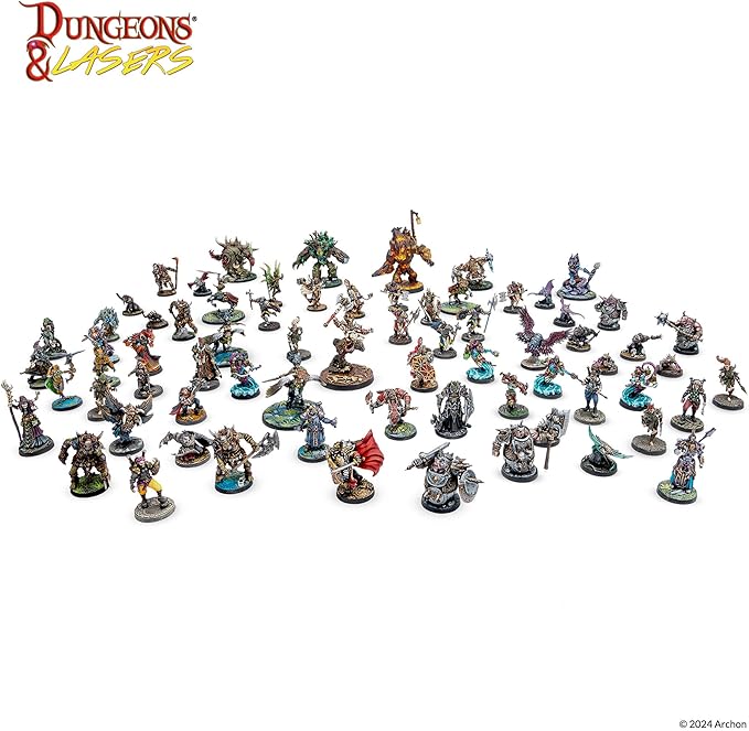 Dungeons & Lasers Deuslair Core DND Miniatures Set - 99 Models with Scenic Bases - 5E Compatible for use with D&D and Tabletop RPG Games - Unpainted and Unassembled - for Ages 14 Years +
