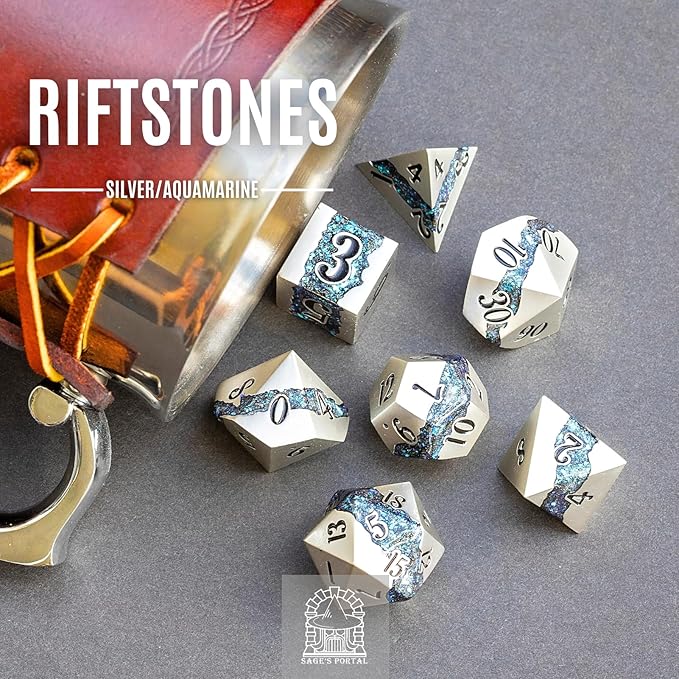 Sage's Portal Metal Riftstone DND Dice 7-PC Polyhedral Dice Set for DND TTRPG Dungeons and Dragons Pathfinder Oversized Designer Dice (Pearl Silver/Aquamarine)