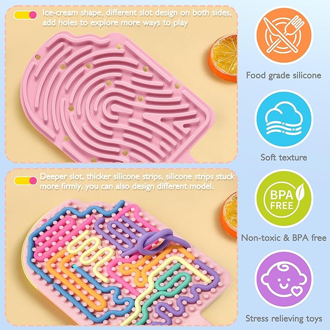 Silicone Sensory Activity Board, Double-Side Fidget Toy for Anxiety, Stress, ADHD, Autism and Calming, Silent, No Mess, Sensory Board with Portable Travel Bag & 12 Strings, Kids 3+ & Adults, Pink
