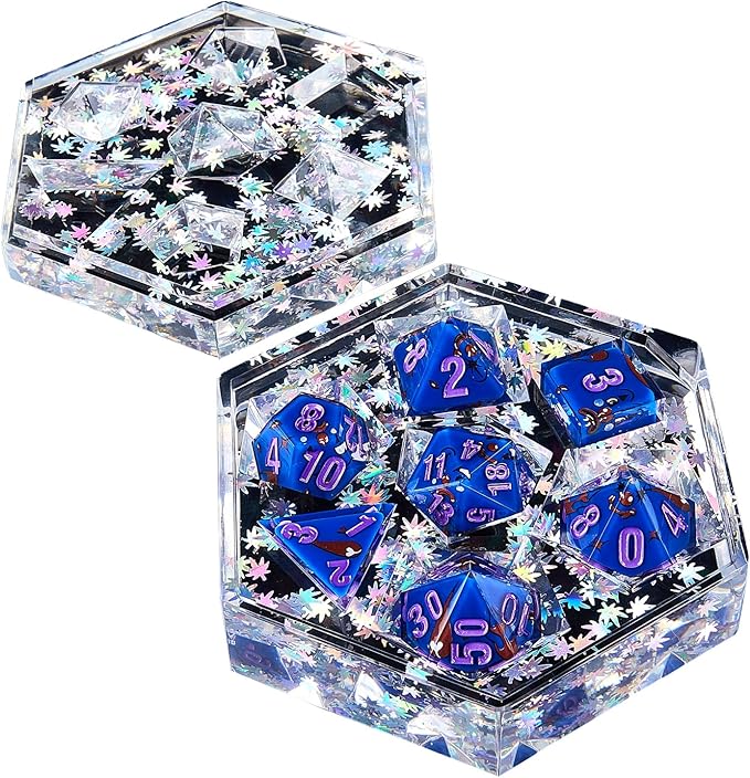 DND Dice Set Polyhedral, IDTQ Dungeons and Dragons Purple Dice Set RPG MTG Table Games 7-Die Resin Sharp with Acrylic Starlight Accent Box (Expression-Blue)