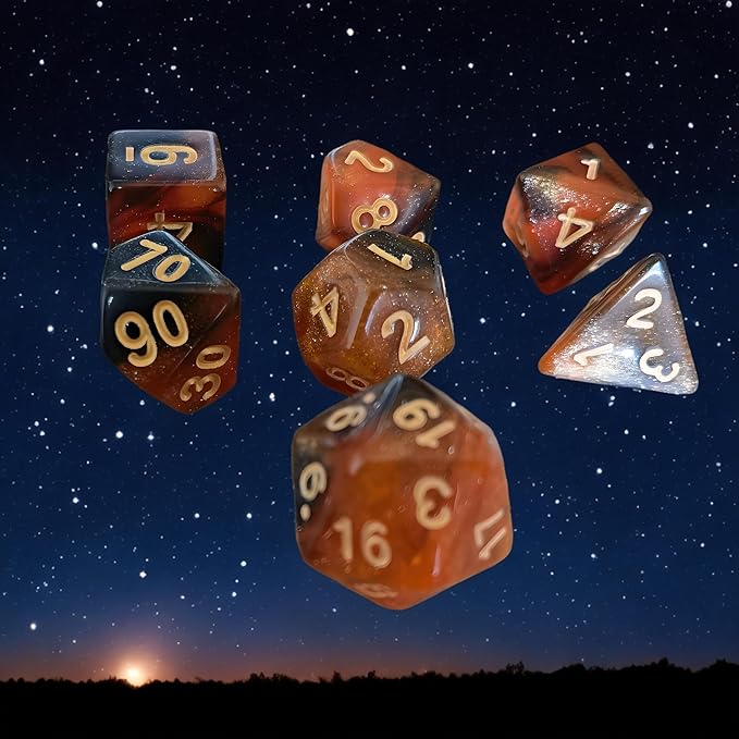 Polyhedral Dice Set, 7 PCS Dice Kit of D4 D6 D8 D10 D% D12 D20 Compatible with Dungeons and Dragons DND TTRPG MTG Table Role Playing Games(Black & Orange Nebula+Glitter)