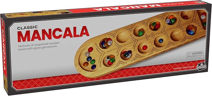 Classic Mancala Game - Features A Full-Sized, Solid Wooden Board with Exquisite Detail Stones by Pressman For 2 Players