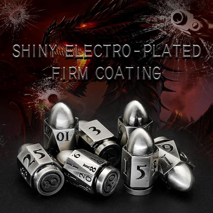 Bullet Dice for Dungeons and Dragons, Metal Dice Set D&D Unique Cool Polyhedral Dice for Role Playing Game (Bullet Sliver)