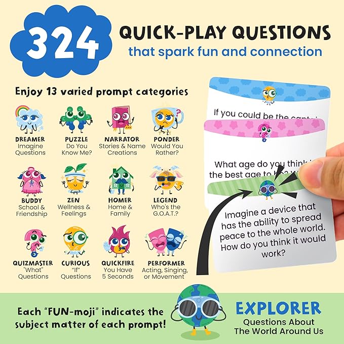 400 Interactive & Unique Conversation Prompts for Kids Ages 6-11 – Children & Parents – Deepen Connections – Game Night, Classroom & Road Trip Activities – 2.5" x 1.75" Sized Cards