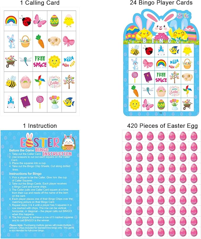 24 Players Easter Bingo Game Cards for Kids Easter Party Bingo Games Easter Classroom Games Family Activity Easter Party Favors