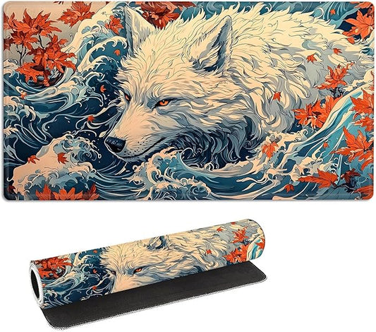 for MTG Playmat with Storage Bag, for TCG Playmat and Playing Card Mat for Magic Board Games, Non-Slip Wolf Maple Leaf Desk Mat, Stitched Edges Game Mat, Rollable & Foldable Card Playmats
