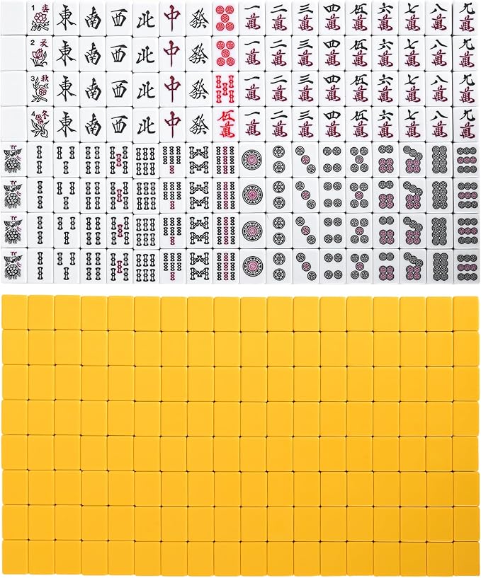 Japanese Riichi Mahjong Set, 144 White and Yellow Tiles - with Black Box, East Wind Tile, Set of Scoring Sticks, and Dices.