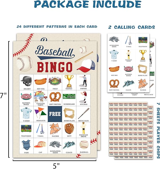 Baseball Bingo Card Game, Baseball Bingo Game for Adults, Sports Party Supplies, Favors, Baseball Party Decorations, Gift – 24 Players Bingo Game, C06