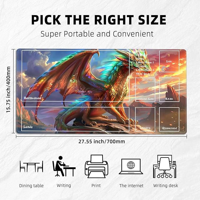 for MTG Playmat with Zones Storage Bag,for TCG Playmat and Playing Card Mat for Magic Board Games, Dragon Non Slip Stitched Edges Game Mat, Rollable Foldable Card Playmats