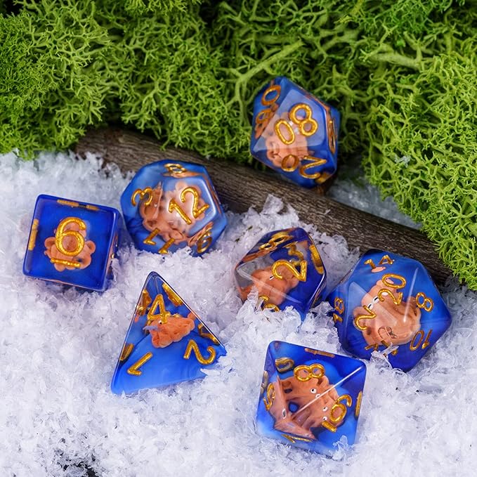UDIXI 7PCS Resin DND Dice Set, Blue D&D Dice Set Filled with Octopus for RPG Dungeons and Dragons Role Palying Games and Other Tabletop Games, d and d,