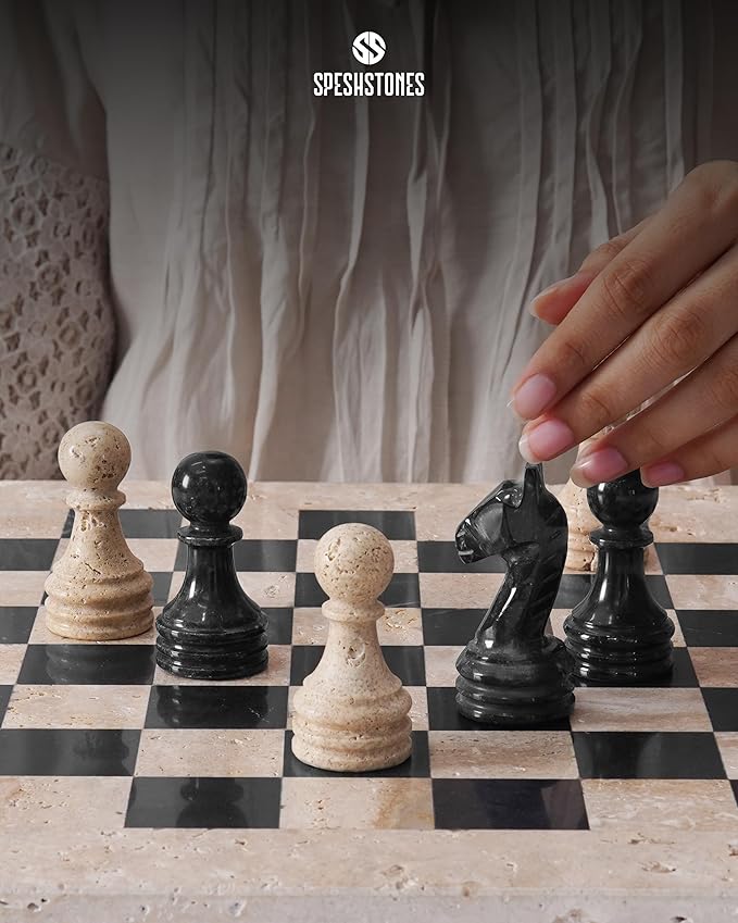 Marble Chess Set 15 Inch Travertine & Black Checkers Board Game with Pieces, 2 Extra Queens and Storage Box, Strategy Set for Adults & Family, Travel, Tabletop Play