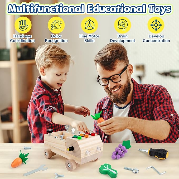 Busy Board with LED Light Montessori Toys Cars Screwdriver Board Set for Toddlers Ages 3 4 5 6 Wooden Busy Trucks Kids Tool Set Sensory Learning Toy STEM Fine Motor Skills Toys for Boys Girls Gift