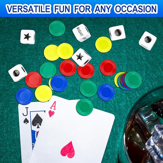 Left Right Center Dice Game Set - 4 Pack with 3 Dice, 24 Chips, and Instructions per Set - Easy Storage Box Design for Travel,School, Parties, and Family Gathering (4)