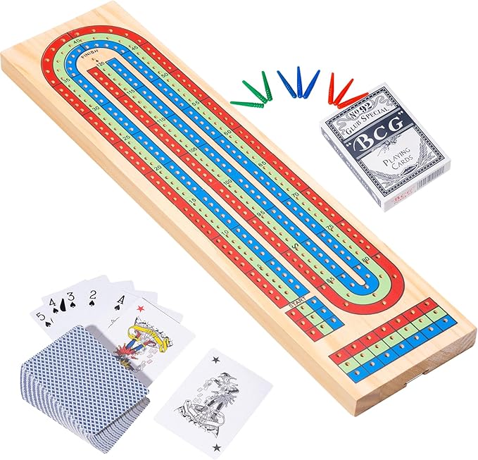 Cribbage Board Game Set, 3-Track Color-Coded Wooden Board with Storage, Includes 9 Pegs, Deck of Playing Cards, Ideal for Family Fun, Travel, and Gatherings