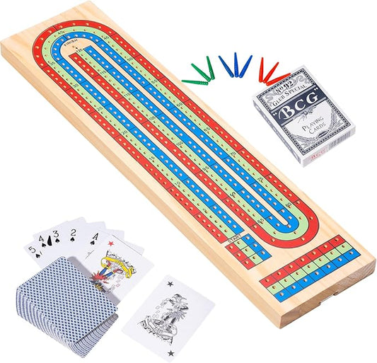 Cribbage Board Game Set, 3-Track Color-Coded Wooden Board with Storage, Includes 9 Pegs, Deck of Playing Cards, Ideal for Family Fun, Travel, and Gatherings