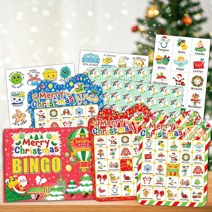 39Pcs Christmas Bingo Cards, 24 Players Cute Christmas Bingo Game for Kids Adults Party Supplies Family Games Activities Xmas Festival