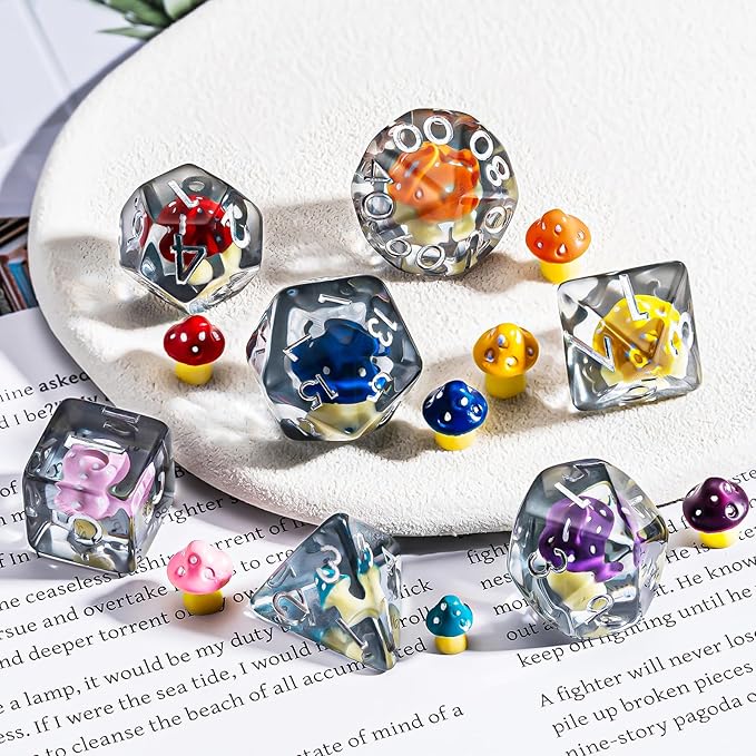 Resin Mushroom D&D Dice Set, Polyhedral Dice 7pcs (D4, D6, D8, D10, D12, D20, D%) for Dungeons and Dragons, RPG, MTG Role Playing Games