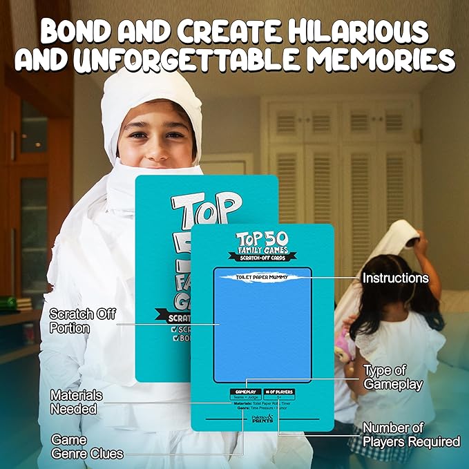 Top 50 Games for Kids, Teens, & Adults - 50 in 1 Reusable Scratch Off Fun - Card Games for Families - Cool, Funny Family Game Night Gift - All Ages, 4+, 8-12, 12+