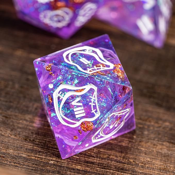 Cusdie Sharp Edges DND Dice, 7 PCs D&D Dice, Handcrafted Polyhedral Dice Set, for Role Playing Game Pathfinder(Purple/Roman Numerals)
