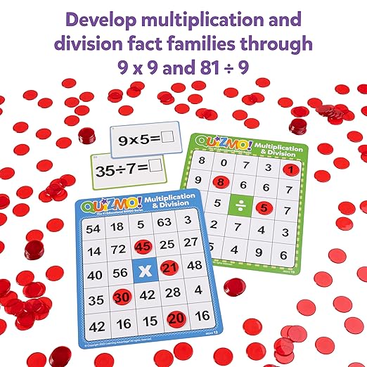 QUIZMO Multiplication & Division - Bingo Style Math Game - 2 Game Modes for Ages 8+ - Teach Basic Mathematics
