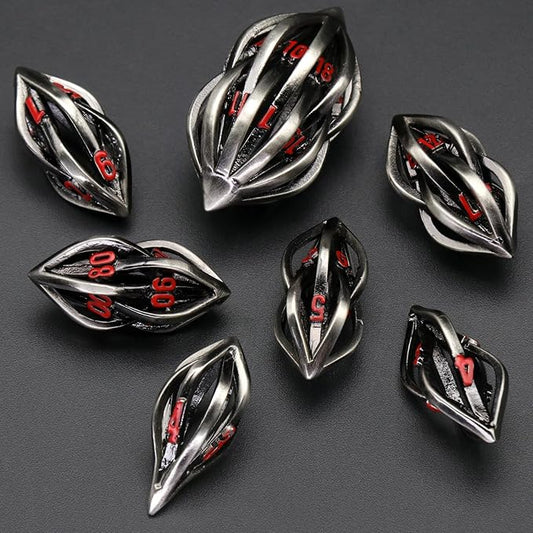 DND Dice Set Arcanum for Dungeons and Dragons, Hollow Metal D&D Dice Role Playing Polyhedral Dice for Tabletop Game (Arcanum Red Number)
