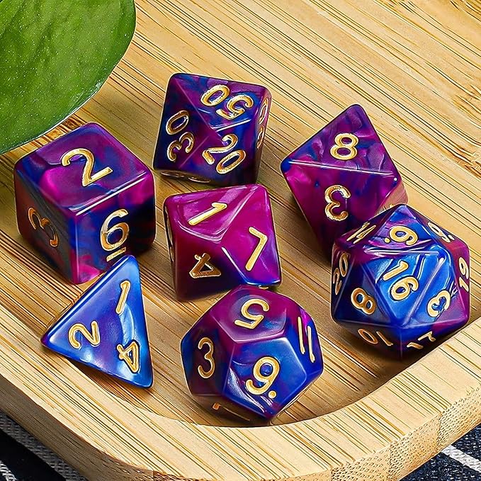 7pcs/Set D4 D6 D8 D10 D12 D20 Dichromatic Polyhedral Dices for Beginner Role Playing Game D&D Dice Set Party Table Board Game Supplies，with A Silver Pouch(BluePurple)