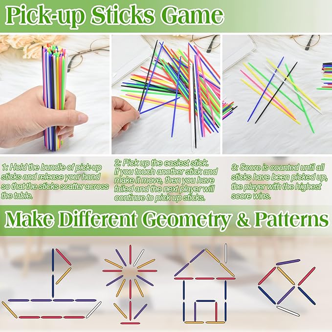 ZeeDix Pick Up Sticks and Metal Jacks Game with Ball Kit- Include 3 Pcs Red Rubber Balls and 30 Pcs Gold and Silver Metal Jacks, 180pcs Classic Pick Up Sticks Game for Kids Adults Family