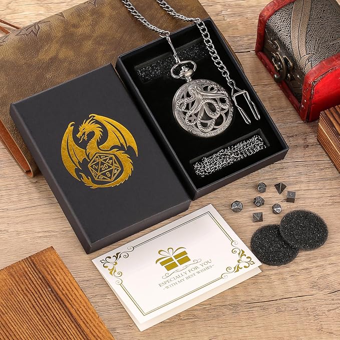 Mini DND Dice Set Steampunk Hollow Octopus Pocket Watch Shell Case, 7pcs Polyhedral Metal D&D Dice Set, DND Gifts with Gift Box, Role Playing Board Games Accessories Dark Silver