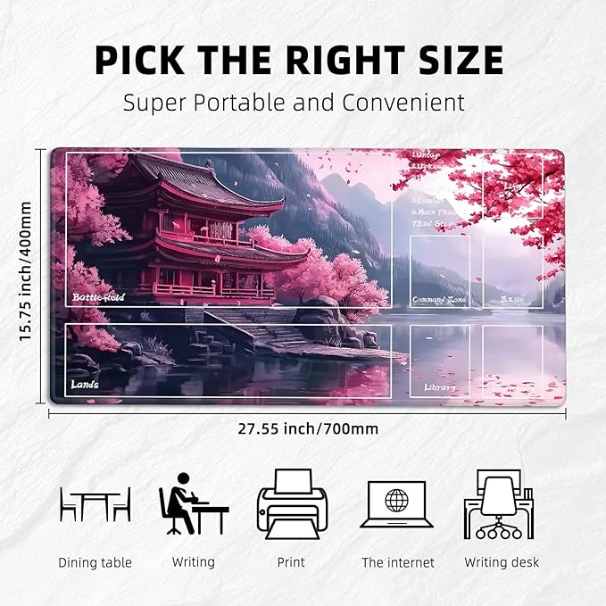for MTG Playmat with Zones Storage Bag,for TCG Playmat and Playing Card Mat for Magic Board Games, Temple Cherry Tree Non Slip Stitched Edges Game Mat, Rollable Foldable Card Playmats