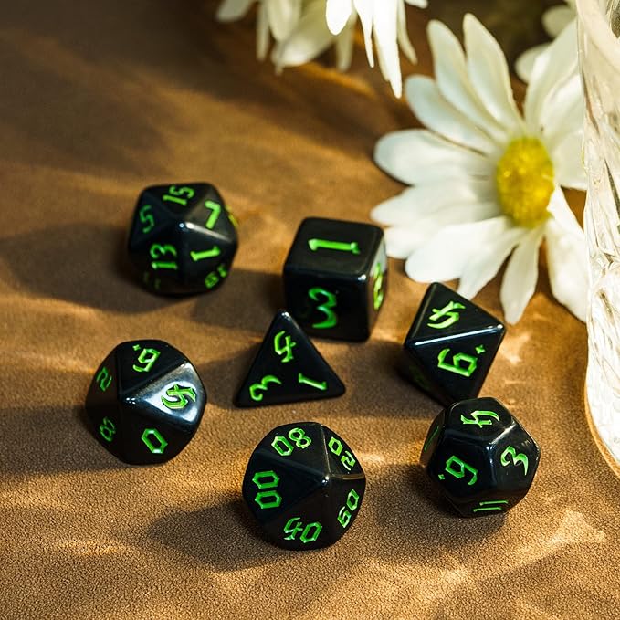 7-Die DND Dice Set Polyhedral Dice Set with a Leather Dice Bag, D&D Dice Set for Dungeons and Dragons, RPG, MTG Table Games (Black)