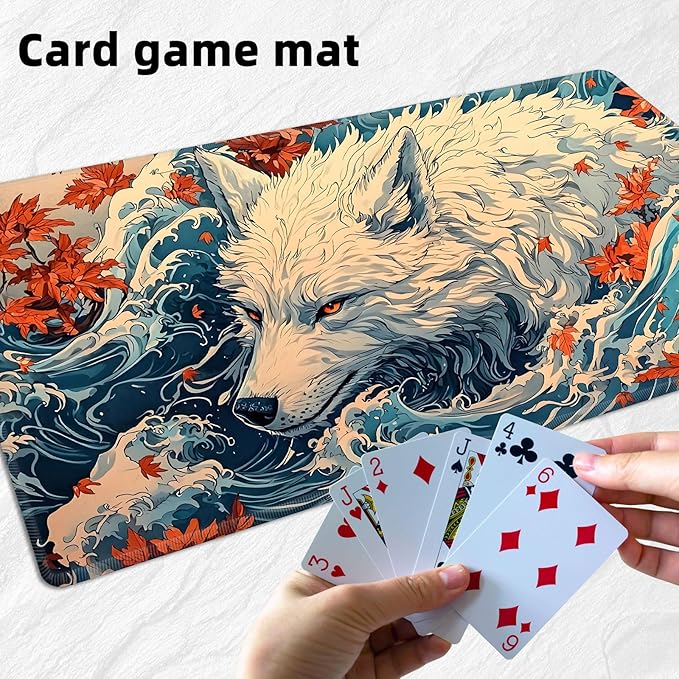 for MTG Playmat with Storage Bag, for TCG Playmat and Playing Card Mat for Magic Board Games, Non-Slip Wolf Maple Leaf Desk Mat, Stitched Edges Game Mat, Rollable & Foldable Card Playmats