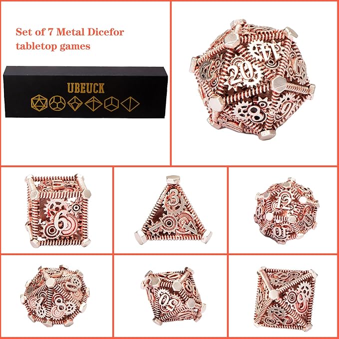 DND Metal Dice Set, UBEUCK 7PCS Gear Metal DND Dice Set for Dungeons & Dragons Board Games Boxes(Gear red)