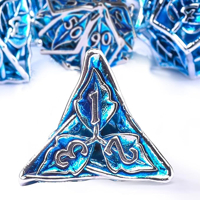 AUSTOR Metal DND Dice Set 7 Pieces Leaf DND Dice Hollow Polyhedral Dice D20 D12 D10 D% D8 D6 D4 Metal Dice with Metal Box for Dungeons & Dragons RPG Board Games (Blue & Silver)