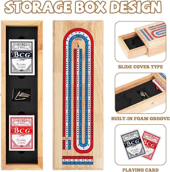 Wooden Cribbage Board Game Set, Premium Wooden Board with with Storage Drawer and Metal Pegs, Strategy Card Game Cribbage - Travel Portable Cribbage Game Sets for Family