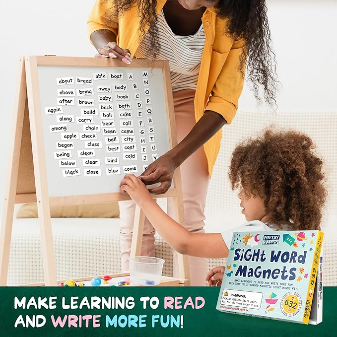 – Sight Word Magnets for Fridge – 632 pc Home School Essentials – Magnetic Sentence Building for Kids - Big .75" Tall Magnet Words – Fun Reading Learning Games for Children Ages 5-7