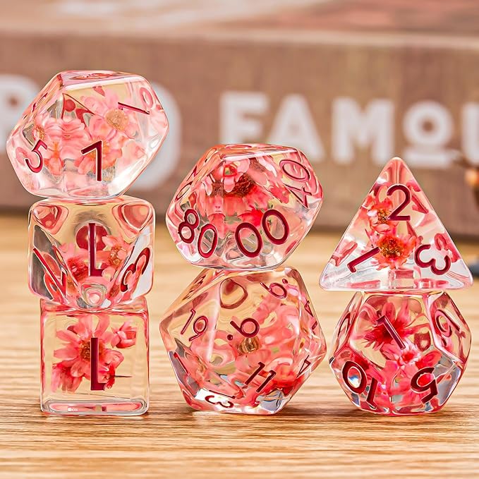 Flower Resin D&D Dice Set, 7pcs Polyhedral Dice for Dungeons and Dragons, RPG, MTG, Role Playing Games (D4, D6, D8, D10, D12, D20, D%)