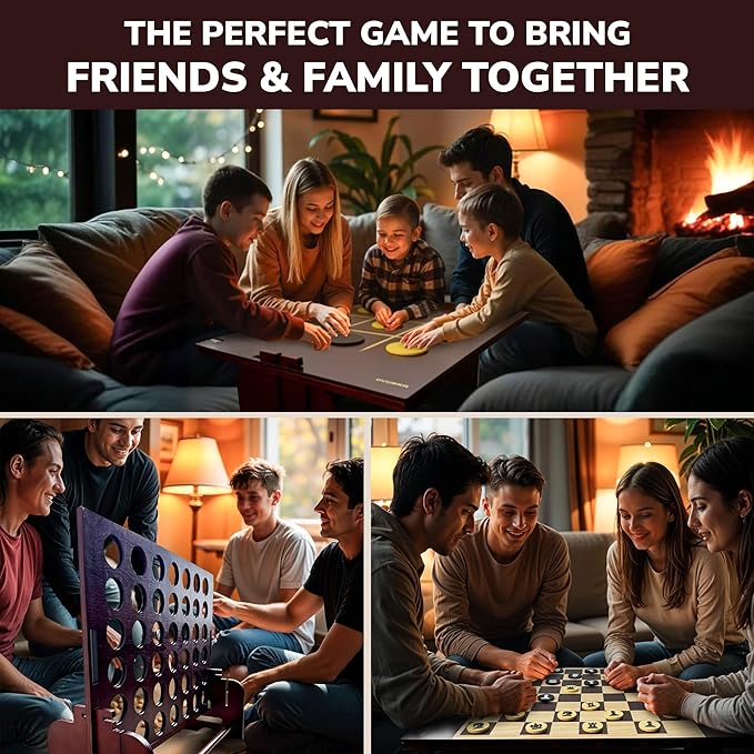 QUOKKA Giant Brown Four in a Row Connect Outdoor Game 4-in-1 SUPERSET - Wooden Jumbo Yard Game for Adults | Backyard Family Party | Big Chess & Checkers | Wooden Tic Tac Toe | All Weather