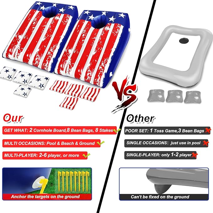 Pool Cornhole, 2 Pack Cornhole Boards 8 Bean 8 Stake, Pool Games for Adults Teen Family, Inflat American Flag Pools Toy Bean Bag Toss Game Pools & Beach & Ground Multi Occasions Summer Patriotic Party