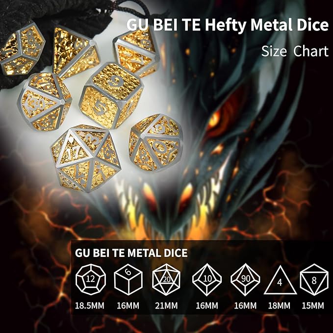 Metal DND Dice Set,Colorful Dragon Scales DND Dice 7-Pcs Metal Polyhedral Dice Set for Dungeons and Dragons RPG MTG Table Games(Silver-Gold)