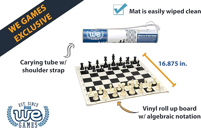 WE Games Chess Sets for Adults, Chess Board is 17 in., Chess Pieces with 3.08 inch King Travel Chess Set, Board Games Storage in Convenient Portable Carry Tube, Games for Adults