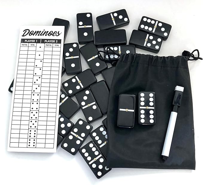 PRK 14 Double Six Dominoes Set Large Size with Reuseable Score pad & Pen Comes with Travel-Friendly Storage Bag Domino Set Black Color (02)