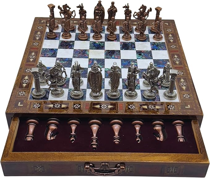 15’’ Handmade Chess Set with British Army Metal Chess Pieces, Luxury Storage Chess Board, for All Ages, Ideal for Father, (Purple)