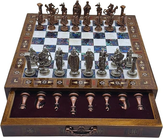 15’’ Handmade Chess Set with British Army Metal Chess Pieces, Luxury Storage Chess Board, for All Ages, Ideal for Father, (Purple)